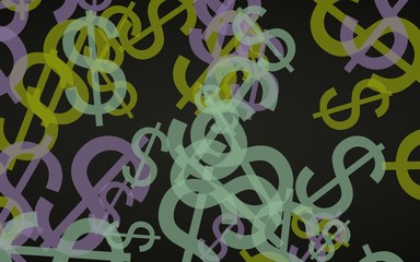 Multicolored translucent dollar signs on dark background. Green tones. 3D illustration
