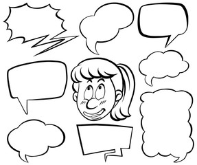 Doodle drawing of girl and speech bubbles on white background