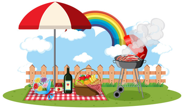 Scene with BBQ grill and food in the park