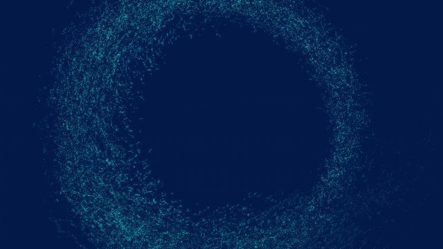 fast stream of tiny glowing particles forming dynamics frame in blue space and then disappears