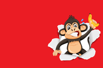 Background template design with wild monkey on red paper