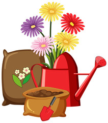 Colorful flowers in watering can on white background