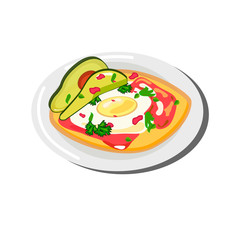 Vector illustration. Mexican cuisine. Tortilla with fried eggs, avocado, ketchup and herbs. Illustration of delicious food.