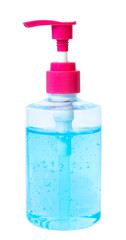Alcohol gel, blue hand washing, packed in a clear bottle, red pump head, white background, put on...