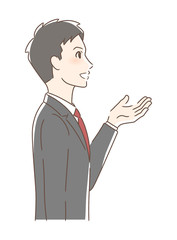 笑顔で手を差し出す男性の横顔
