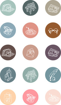 Highlights icon. Stories Covers abstract Icons. Set of icons with baking, mugs, candles, letters, jam and other elements. Vector illustration