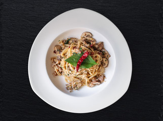 Stir fry Spaghetti with salted fish, Thai spices and dry chili