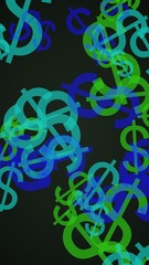 Multicolored translucent dollar signs on dark background. Green tones. 3D illustration