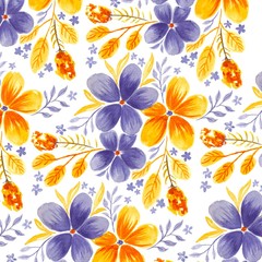 Watercolor seamless floral pattern. Purple and yellow flowers illustration on isolated white background.