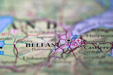 Naklejka premium Geographical map location of Belfast city in Northern Island United Kingdom Europe continent on atlas