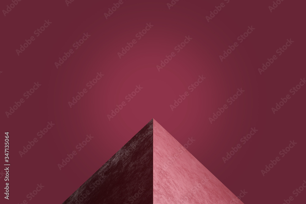 Poster 3d rendering unusual abstract product display. red cube, pyramid on the background of the color of w