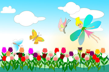 The drawing fantasy picture of a fairy tale visiting her friends the dragonfly and butterfly in the Tulips garden, for background, Gift Wrap ,wallpaper, fabric print, cloth texture, illustration