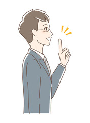 笑顔で指をさす男性の横顔