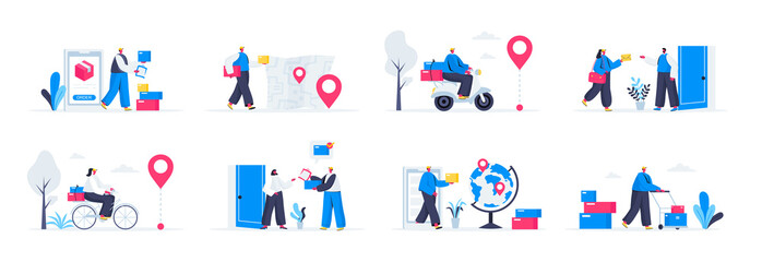 Fototapeta na wymiar Bundle of delivery service scenes. Online order and couriers delivery at home, global shipping and logistics flat vector illustration. Bundle of express delivery with people characters in situations.