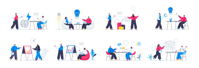 Bundle of brainstorming team scenes. Business idea generation, new solution discussion and presentation flat vector illustration. Bundle of brainstorming activities with people characters in situation