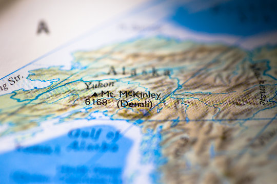 Geographical map location of Denali McKinley in Alaska United States of America USA in America continent on atlas