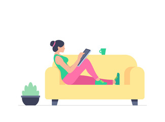 Woman is working at his tablet. Office business concept. Flat Style. isolated on white background