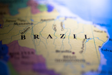 Geographical map location of country Brazil Brasil in South American continent on atlas