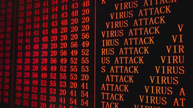 Program HEX VIRUS ATTACK red text code on scientific device screen, green text ASCI information, 4K UHD video
