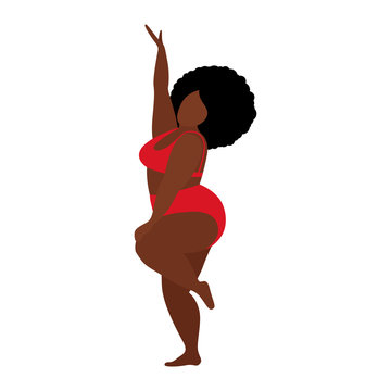 A fat black african woman in red underwear or a bathing suit is dancing. The concept of body positivity and love for your body. Vector stock flat illustration isolated on a white background.