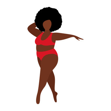 A fat black african woman in red underwear or a bathing suit is dancing. The concept of body positivity and love for your body. Vector stock flat illustration isolated on a white background.