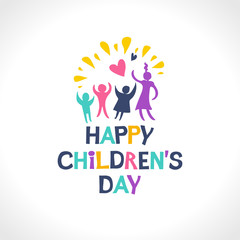 Happy Children's Day. Bright multicolored flat design of social logo. Colorful silhouettes of joyful playing kids illustration to the International Children's Day. Vector inscription and funny kids.
