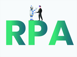 Robotic Process Automation vector concept: Businessman shaking hands with a robot on top of RPA isolated over white background