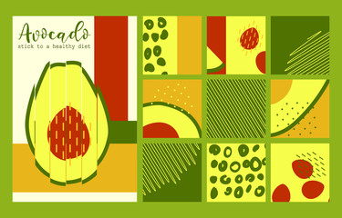 Set of summer abstract geometric cards with avocado tropical fruit and handwritten text. Creative botanical pattern with memphis style elements. Cute vector design for cover print, banners, cards.