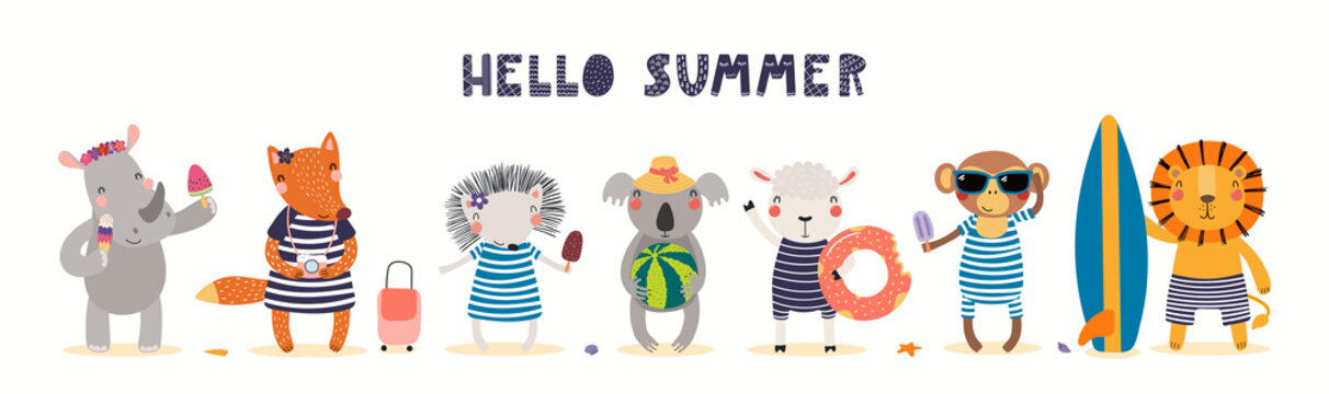 Hand drawn card, banner with cute animals on the beach, text Hello Summer. Vector illustration. Isolated on white. Scandinavian style flat design. Concept for kids holidays print, invite, poster.
