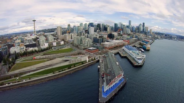 Downtown Seattle Washington Aerial with Waterfront Skyline Buildings