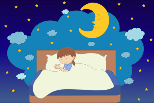 Ilustración de una niña durmiendo con cielo estrellado