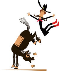 Cartoon rider falls from the horse illustration. Funny horse kicks a falling down long mustache man or cowboy isolated on white 
