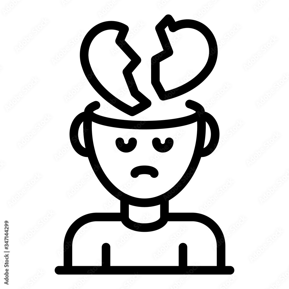 Poster broken heart over head icon. outline broken heart over head vector icon for web design isolated on w