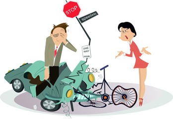 Road accident, driver, cyclist and broken bike illustration. Angry woman scolds and asks the upset driver man what to do with the broken bike isolated on white
