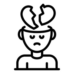 Broken heart over head icon. Outline broken heart over head vector icon for web design isolated on white background
