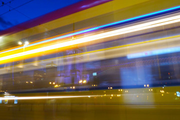 Fototapeta na wymiar Tramway light track at night in Warsaw