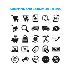 Shopping and e-commerce icons on white background.