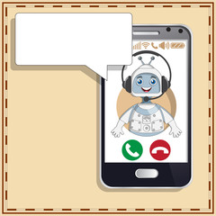 Robot in the form of call center operator in the phone. Vector illustration.