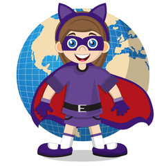 A cute girl in the costume of a female cat. Isolated on white background. Vector illustration. 