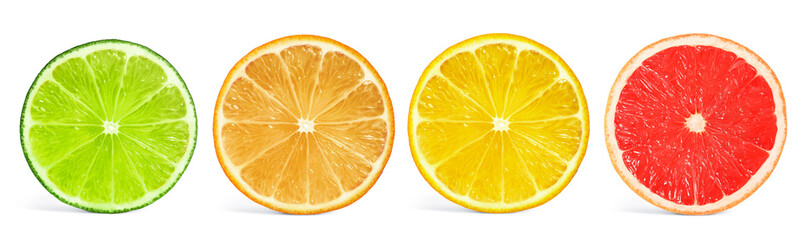 Set of different citrus slices on white background, top view. Banner design