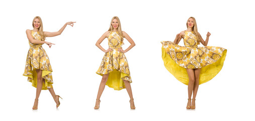 Young woman in long floral dress isolated on white