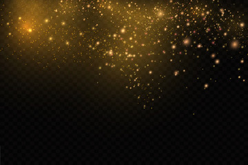 The dust sparks and golden stars shine with special light. Vector sparkles on a transparent background. Christmas light effect. Sparkling magical dust particles.