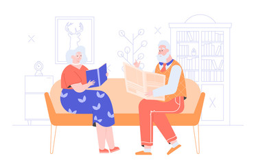 Pensioners are sitting in the living room. Grandfather is reading a newspaper, grandmother is reading a book. Family evening. Vector flat illustration.