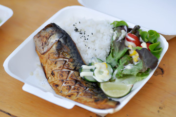 grilled blue mackerel, grilled fish or grilled saba