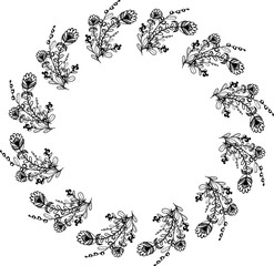 wreath of plants and flowers. black and white hand-drawn vector stock image.
