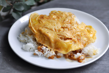 omelette, omelet or deep fried egg and rice