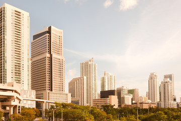Fototapeta na wymiar Skyline of apartment buildings at city downtown, Miami, Florida, United States