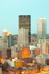 Skyline of Central Business district of Pittsburgh at dusk, Pennsylvania, United States