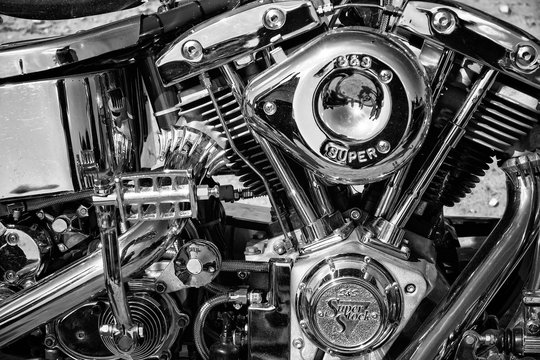 PAAREN IM GLIEN, GERMANY - MAY 19: Motorcycle Engine Harley Davidson Custom Chopper, black and white, "The oldtimer show" in MAFZ, May 19, 2013 in Paaren im Glien, Germany