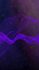 Abstract ultraviolet landscape on a dark background. Purple cyberspace grid. hi tech network. Outer space. Violet starry outer space texture. 3D illustration